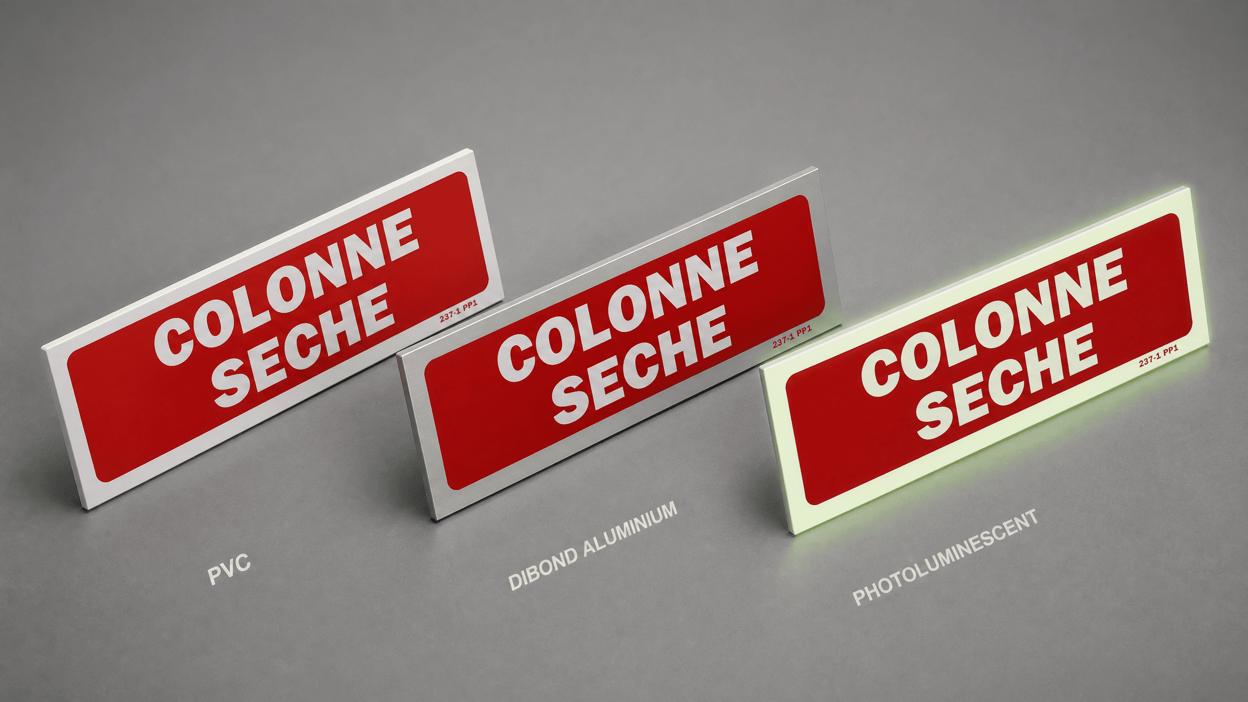D&eacute;clinaisons du panneau colonne s&egrave;che : PVC, dibond aluminium et photoluminescent